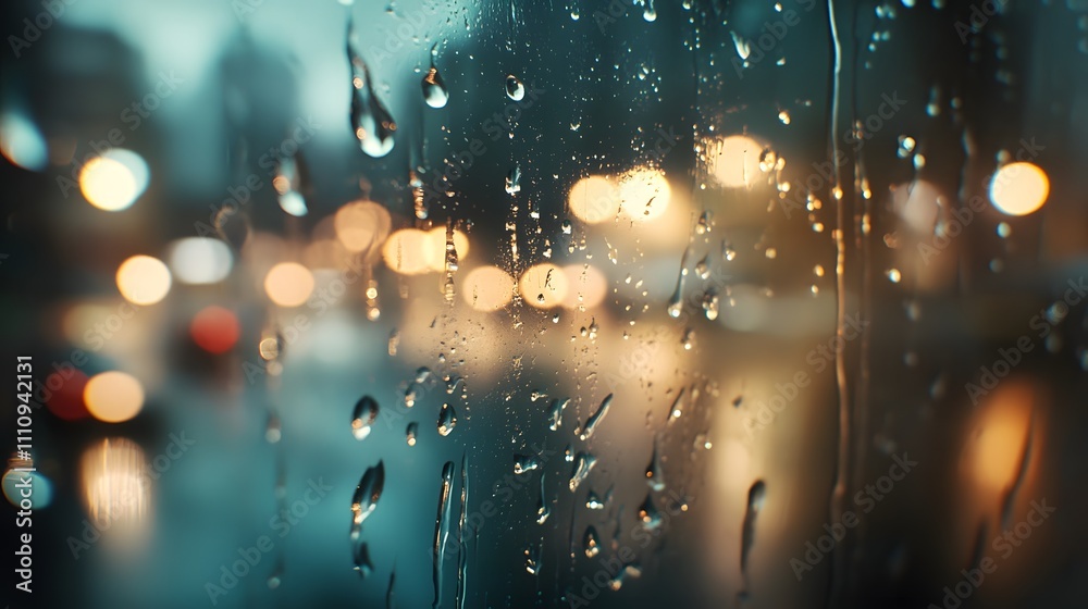 Poster raindrops on glass with blurred city lights in the background creating a soft and dreamy atmosphere 