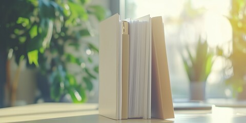 Open book with sunlight and indoor plants in bright room