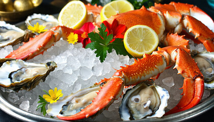 A lavish seafood platter with fresh oysters, king crab legs, shrimp, and lobster tails served on cru