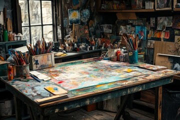 Messy art studio showing paint, brushes and artwork on a painter's table