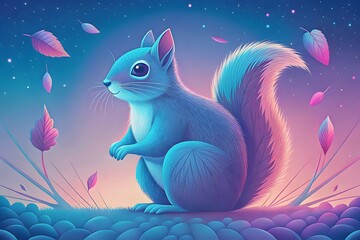 Colorful Squirrel Playing Leaves Whimsical Art Style Night Sky