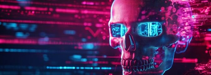 Fototapeta premium Futuristic glowing digital skull composition background