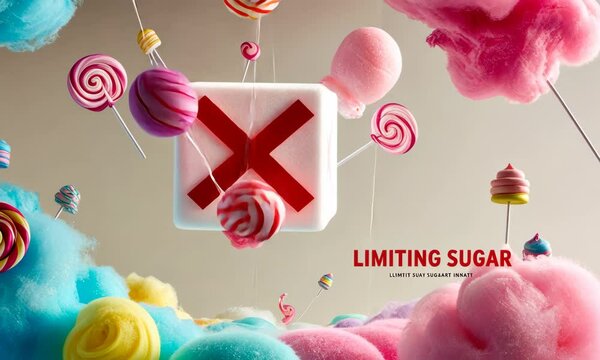 No sugar. Limiting sugar banner. Reduce sugar consumption concept. Diet with low sugar. Sweets limit. Ban on sweet meal. Animation