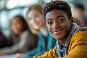 Portrait of a smiling african american middle school student sitting in a classroom