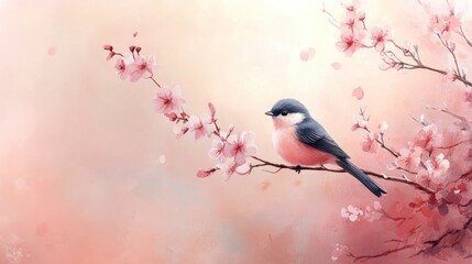 A serene bird perched on a cherry blossom branch, evoking tranquility and beauty.