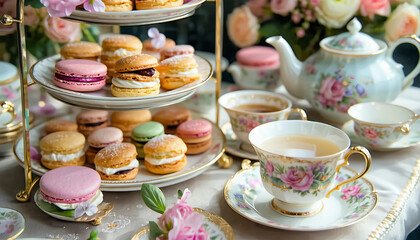 Fototapeta premium A luxurious high-tea setup featuring a multi-tiered tray filled with finger sandwiches, scones with