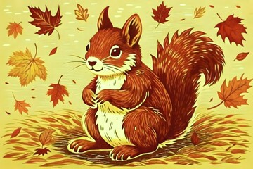 Fototapeta premium Playful Squirrel Autumn Leaves Whimsical Art Nature Scene Charming Illustration