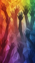 Hands reaching upwards against a vibrant, geometric rainbow background, AI