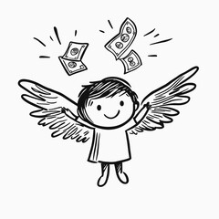 Fototapeta premium vector simple drawing of man with wings flying and holding money in the air, isolated on white background. . Generative AI