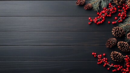 Vivid red berries and textured pinecones arranged on a dark wooden board evoke a festive, classic, and elegant impression.