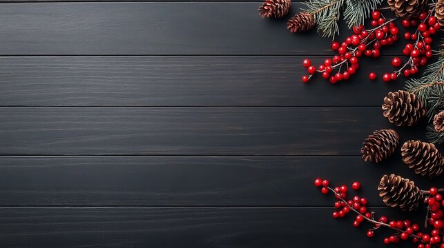 Vivid red berries and textured pinecones arranged on a dark wooden board evoke a festive, classic, and elegant impression.
