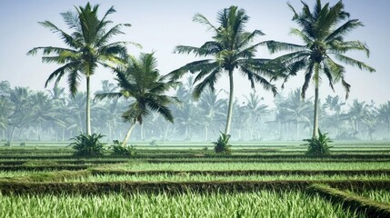 Fototapeta premium Serene Tropical Rice Paddies with Palm Trees