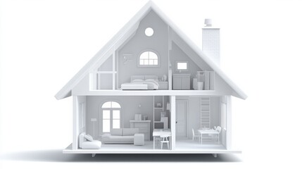 Cutaway view of a minimalist white house model showcasing interior design, AI