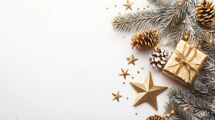 Elegant gold and white gifts adorned with pinecones and stars set against a snowy background, epitomizing the charm and warmth of festive celebrations.