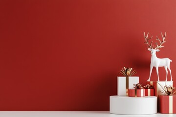 White reindeer figure stands elegantly beside neatly arranged wrapped gifts with metallic bows against a vibrant red background, creating a festive holiday setting.