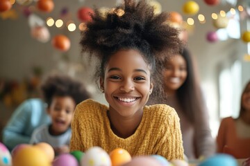 A cheerful girl with vibrant hair radiates joy, surrounded by colorful Easter eggs, conveying a sense of festivity and childhood wonder in decorated setting.