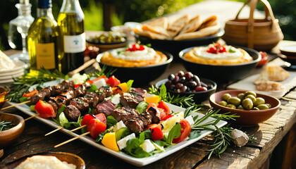 A Mediterranean feast with a variety of dishes, including a fresh Greek salad, roasted vegetables, g