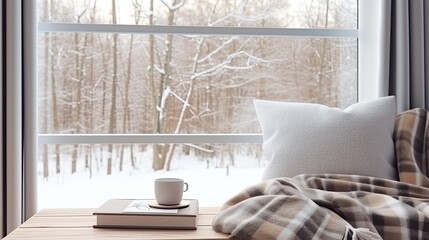 A book and a cup of tea by the winter window, a warm plaid next to it. Cozy winter days
