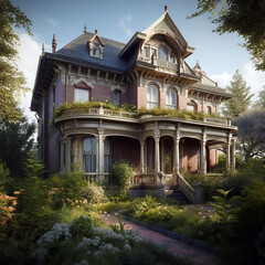 Obraz premium An elegant Victorian-style mansion featuring intricate architectural details, a wraparound porch, lush greenery, and a beautifully manicured garden pathway.