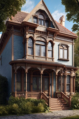 A stunning Victorian-style home with intricate woodwork, large arched windows, a steep gable roof, and a cozy wraparound porch framed by lush greenery.