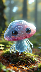Obraz premium cute happy mushroom slime in a beautiful forest, happy nature, happy little creature, good vibes, smile, adorable google eyes, funny cute character