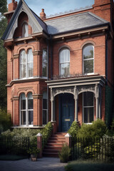 A classic Victorian-style brick townhouse with arched windows, ornate woodwork on the porch, a slate roof, and a neatly landscaped front garden.