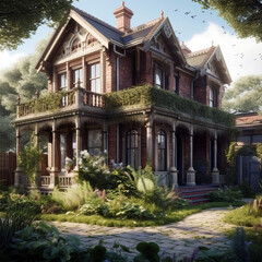 Obraz premium A Victorian-style brick house with ornate architectural details, a wrap-around porch supported by decorative columns, and a second-story balcony adorned with lush green ivy.