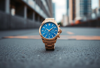 Luxury wristwatch with a blue dial and gold strap displayed on concrete