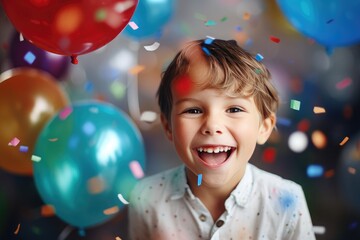 Fototapeta premium A happy kid looks into the frame, celebration and fun, balloons and confetti