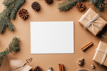 Obraz premium A blank card is elegantly framed by natural evergreen sprigs, rustic gifts wrapped in brown paper, pinecones, and cinnamon, creating a warm, cozy atmosphere.