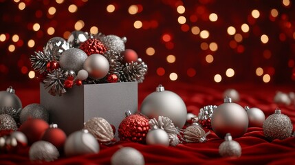 A sophisticated and luxurious holiday setting featuring a box filled with silver and red baubles and surrounded by pine cones against a rich velvet backdrop.