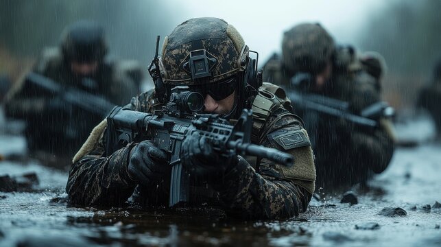 Special forces soldiers training in heavy rain while crawling through muddy terrain during a tactical exercise in a remote forested area