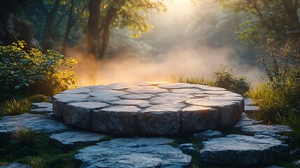 Circular stone podium surrounded by soft mist, set in a natural environment with a gentle glow of sunrise.
