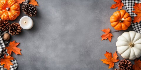 Obraz premium A vibrant display of pumpkins, fall leaves, and pinecones on a rustic checkered cloth creates a festive autumn theme perfect for seasonal celebrations and cozy settings.