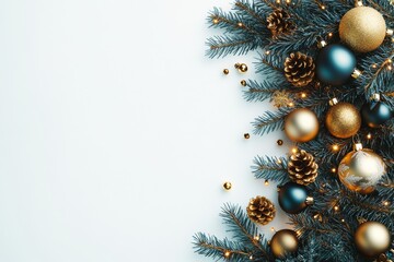 Teal background hosts pine branches adorned with gold ornaments and lights, a modern twist on holiday decoration, blending classic and contemporary styles.