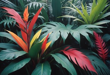Tropical exotic pattern with animal and flowers in bright colors and lush vegetationn