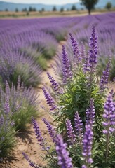 Obraz premium Lavender fields with clary sage flowers blooming in summer, lavender field, greenery