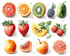 A colorful assortment of various fruits illustrated in a watercolor style.