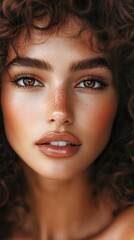 Fototapeta premium Portrait of a woman with curly hair and captivating eyes in natural light highlighting her beauty during a warm afternoon