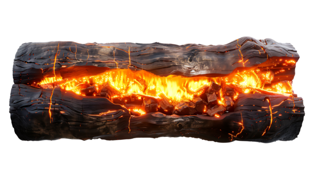 Fire engulfing a wooden log with detailed textures, bright glowing edges, isolated on white