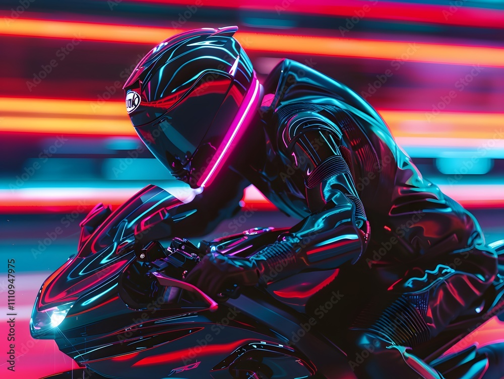 Poster futuristic racer in neon colors riding motorcycle at high speed with blurred motion background creat