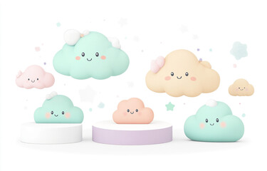 Fototapeta premium Cute cloud characters in playful pastel colors arranged on pedestals in a whimsical setting