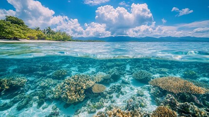 Obraz premium A beautiful ocean landscape with clean, unpolluted water and flourishing marine life, emphasizing the importance of protecting aquatic ecosystems for future generations