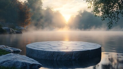 Circular stone podium surrounded by soft mist, set in a natural environment with a gentle glow of sunrise.