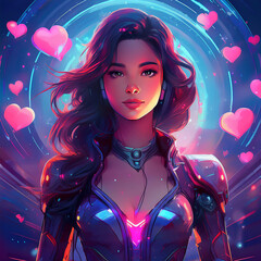 Girl with a futuristic costume and hearts in the background