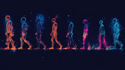 A sequence of abstract human figures walking in a colorful digital style