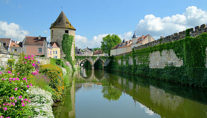 Fototapeta premium A picturesque, realistic photo of a historic European castle with ivy-covered stone walls, archways