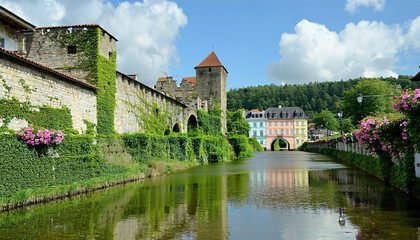 Fototapeta premium A picturesque, realistic photo of a historic European castle with ivy-covered stone walls, archways