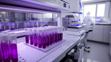 Purple vials in a modern lab; advanced scientific research in progress. A scientist works in the background.