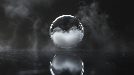Over a smooth black surface, a 3D transparent sphere filled with mist hovers in midair.